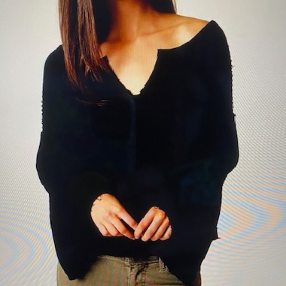 We the Free People Black Dahlia long sleeve waffle top distressed fray Size S